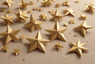 The primary subject of the image is a collection of gold stars, which are arranged on a table. The setting is a table with a white surface, and the visual style is a combination of photo and digital art. The gold stars are the main focus of the image, and the overall atmosphere is warm and inviting.